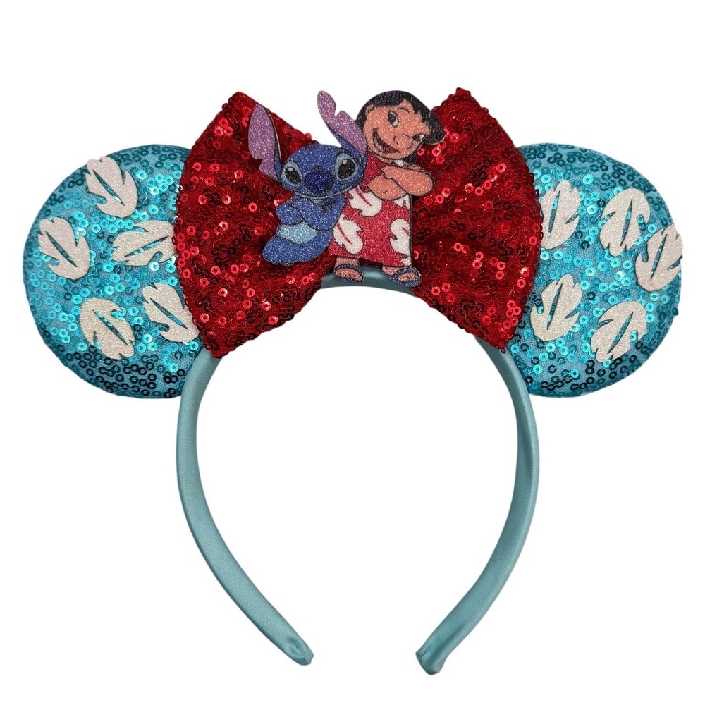 Disney Lilo & Stitch Sequin Minnie Mouse Ears Headband Teal Red Bow Disneyland